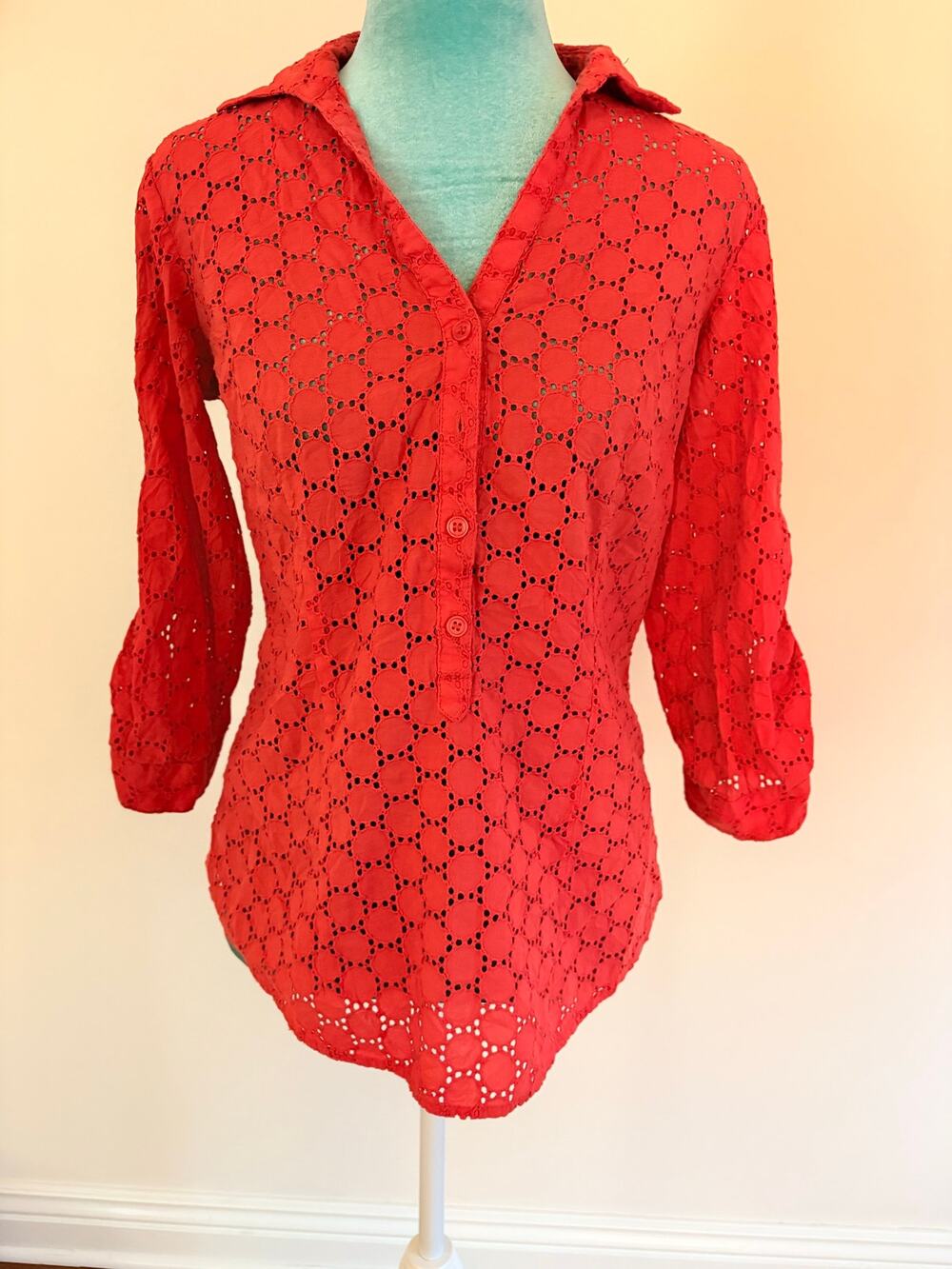 The Limited Red Eyelet Lace Button Down Shirt Small Romantic Preppy Cottagecore